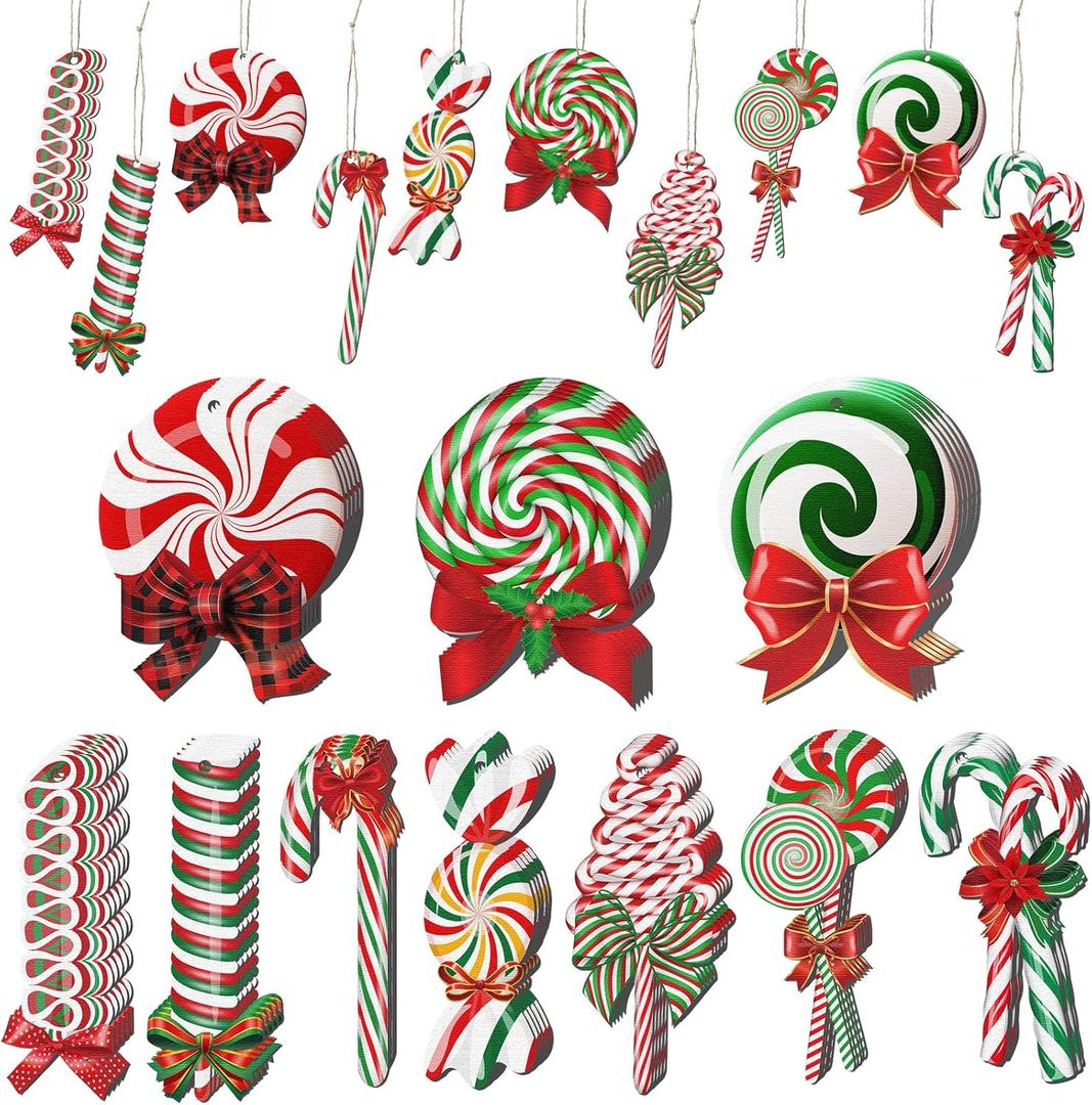 Macarrie 60 Pcs Christmas Candy Ornaments Candy Cane for Christmas Tree Ornaments Lollipop Hanging Wood Decorations Xmas Peppermint Cutouts(Vivid Style) (Green, White)