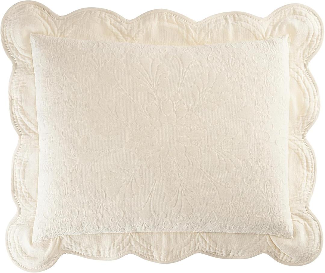 Charleston Estate Modern Farmhouse Floral Matelasse Decorative Pillowcase with Scalloped Edges, 100% Cotton Breathable Bedding, Standard Sham (20" x 26"), Ivory Floral