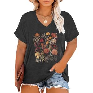Plus Size T Shirt for Women Graphic Tees Short Sleeve Floral Print Loose Fit Summer Casual Tops 2XL