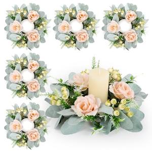 6 Pcs Wedding Rose Candle Rings Swag Wreath Artificial Floral Wreaths with Lamb Leaf Flower Candle Rings Candleholders Garland for Pillar Centerpiece Party Table Wall Window Farmhouse Decor