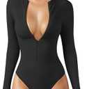 OQQ Women's Bodysuit Tops Invisible Zip Long Sleeve Crew Neck Bodysuits, Small