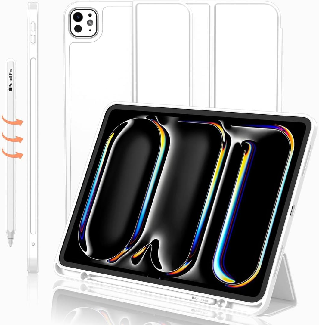 iMieet Case for iPad Pro 11 Inch (M5) 2025 /(M4) 2024 5th Gen, Trifold Stand Smart Cover with Pencil Holder and Soft TPU Back, Auto Wake/Sleep (White)