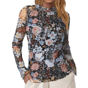 Women’s Floral Lace Long Sleeve Top, Elegant Casual Sheer Mesh Slim Fit Shirt, Sexy Outdoor Layering Blouse, Size Small