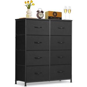 8-Drawer Dresser for Bedroom, Anti-Tip Tall Storage Organizer Chest of Drawers with Wooden Top and Metal Frame Fabric Bins for Closet, Living Room, Hallway, Entryway, Black (11.8"D x 31.4"W x 36.3"H (8 Drawers))
