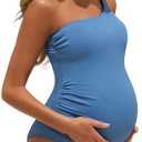 Summer Mae Maternity Swimsuit One Piece One Shoulder Ribbed Pregnancy Bathing Suit, Large