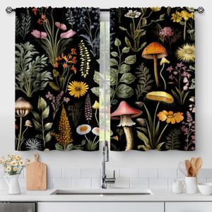 Aimego Boho Floral Kitchen Curtains - Bohemian Mushroom Vintage Plants Flowers Cafe Small Short Tier Window Curtains for Bathroom Living Room Decor Rod Pocket Window Drapes 36 Inch Length Set 28"x36"