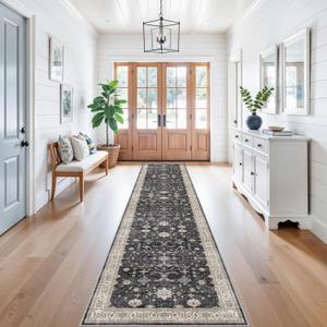 Hallway Washable 2'6x12 Runner Rug - Vintage Kitchen Rugs Non-Slip Soft Thin Farmhouse Carpet for Entryway Low Pile Indoor Floor Decor Mat for Bathroom Living Room Bedroom (Black/Multi,2'6"x12')