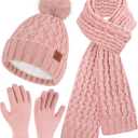 Womens Winter Beanie Hat Touchscreen Gloves Long Neck Scarf Set Warm Knit Caps with Pom Fleece Gifts for Women (One Size, Pink)