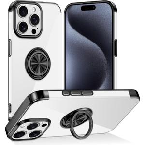 Tnarru Designed for iPhone 15 Pro Max Case with Stand [Magnetic Ring Holder Kickstand] Soft TPU Bumper Non-Yellowing Anti-Scratch Lightweight Slim for iPhone 15 Pro Max Case Black and Clear