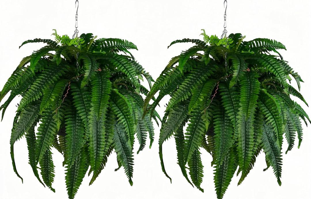 QIANYUN 2PCS Fake Hanging Plant-30Inch UV Resistant Boston Fern for Bedroom Living Room Garden Decor- Including Hanging Planters (Dark Green)