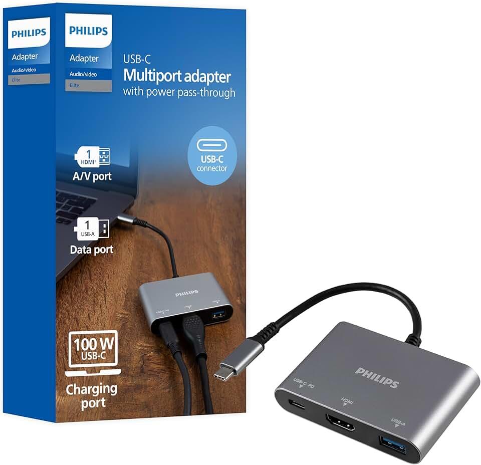 Philips USB C Hub to Multiport Adapter, 3 in 1 Power Pass Through, HDMI 4k@30Hz, 60W USB C Charging Port, 5Gbps USB 3.0 Port for MacBook Pro, MacBook Air, UCB C Laptop Docking Station, DLK9220C/27