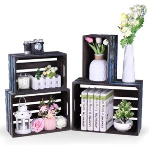 Decorative Nesting Wooden Crates for Display, Nesting Wood Crates for Display, Storage Display Large Small Rustic Wood Decorative Storage Crates (Camouflage-4pcs)