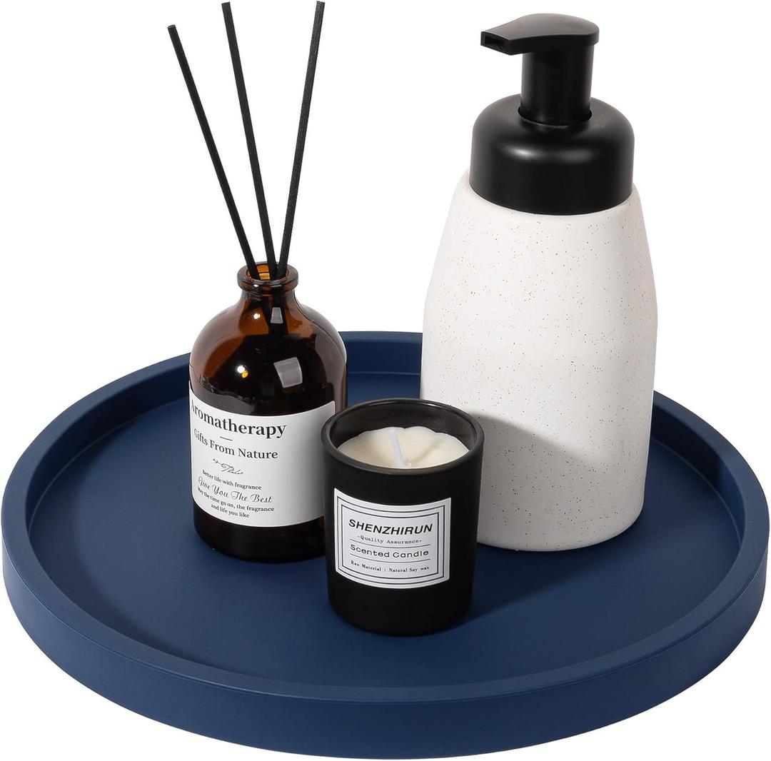 Silicone Bathroom Tray Round Vanity Tray Decorative Soap Holder Kitchen Countertop Organizer Coffee Table Decor for Candle, Perfume, Plant, 10 Inch, Dark Blue