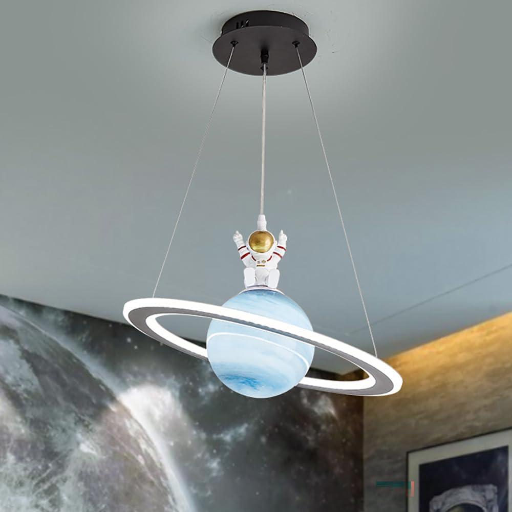 Astronaut Pendant Light with Glass Globe, Cute Planet Hanging Light Fixture, LED Cartoon Chandelier for Children's Bedroom Nursery