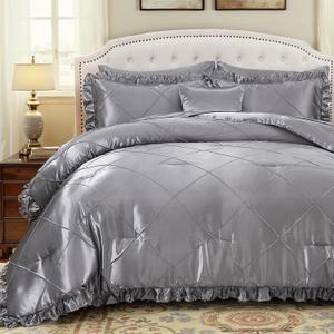 Grey Comforter Set Queen Sheet Set Silk Like Satin Bedding Set Silky Bed in a Bag 8 Pcs Pinch Pleat Bed Set Home Decor Luxury Hotel Silky Ruffle Down Comforter with 1 Cushion Cover