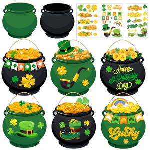 LioNergy St. Patrick's Day Crafts for Kids, 24 Packs DIY Pot of Gold Cutouts Craft Kits Shamrock Gold Coins Leprechaun Hat Ornament with Stickers for Kids Party Classroom Home Activities Art Project