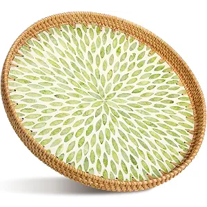 Tiangrid 16 inch Round Rattan Tray with Mother of Pearl Inlay Wicker Serving Tray with Wooden Base Boho Decorative Wicker Basket for Table Decor Bathroom Candle Perfume (Green Leaf)