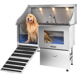 POLIMO Dog Washing Station, LED Professional Stainless Steel Dog Bathing Station 50", Dog Grooming Tub for Large, Medium & Small Dog - with Window, Ramp, Drawer, Floor Grate & Faucet (Left Ramp, 50")
