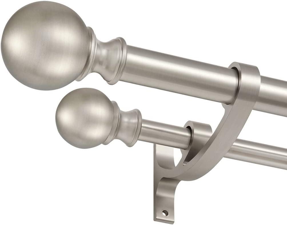 Double Curtain Rods for Window 28-48 Inches, Adjustable Double Drapery Rod with Round Finials, 1-Inch Front and 5/8 Inch Back Double Rod Curtain, Brushed Nickel