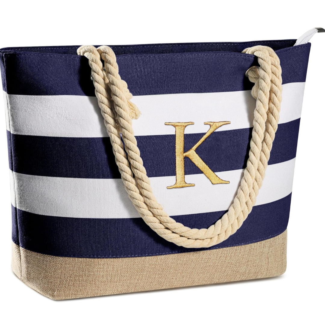 YOOLIFE Initial Canvas Waterproof Beach Tote Bag Zipper Personalized Gifts for Women Her Birthday Travel Beach Essential