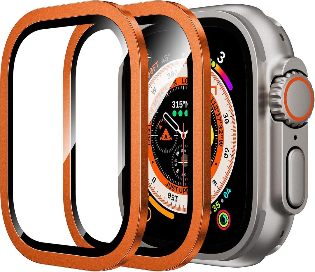 WSKEN for Apple Watch Ultra 3/Ultra 2/Ultra Screen Protector 49mm,9H Tempered Glass + Titanium Alloy Frame, [Keep Original] [Touch Sensitive] Lightweight Protective Glass Film for iwatch Ultra 3/2/1 (Orange)