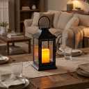 TRIROCKS Metal Candle Lantern 15'' High Decorative Outdoor Lantern Hanging Lantern with Timer LED Candle for Home Decor Living Room Parties Events Tabletop Indoors Outdoors (Black)