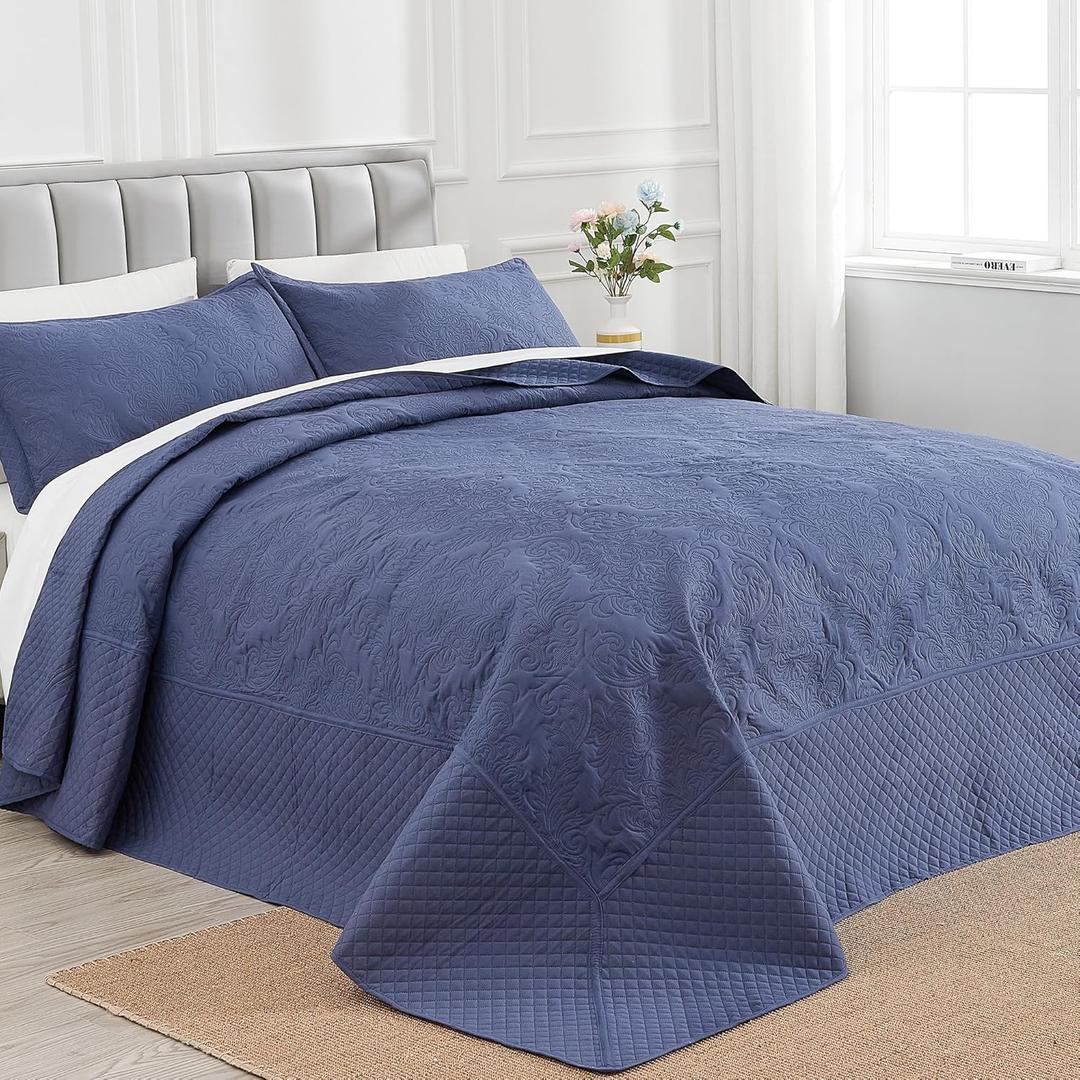 ENJOHOS Oversized King Bedspreads 128x120, California King Quilt Sets, Extra Wide Large King Size Quilts for Bed, Lightweight Reversible Microfiber 3Pieces Cal King Navy Blue Quilt, Damask Pattern Navy Blue, Oversized King - 128x120