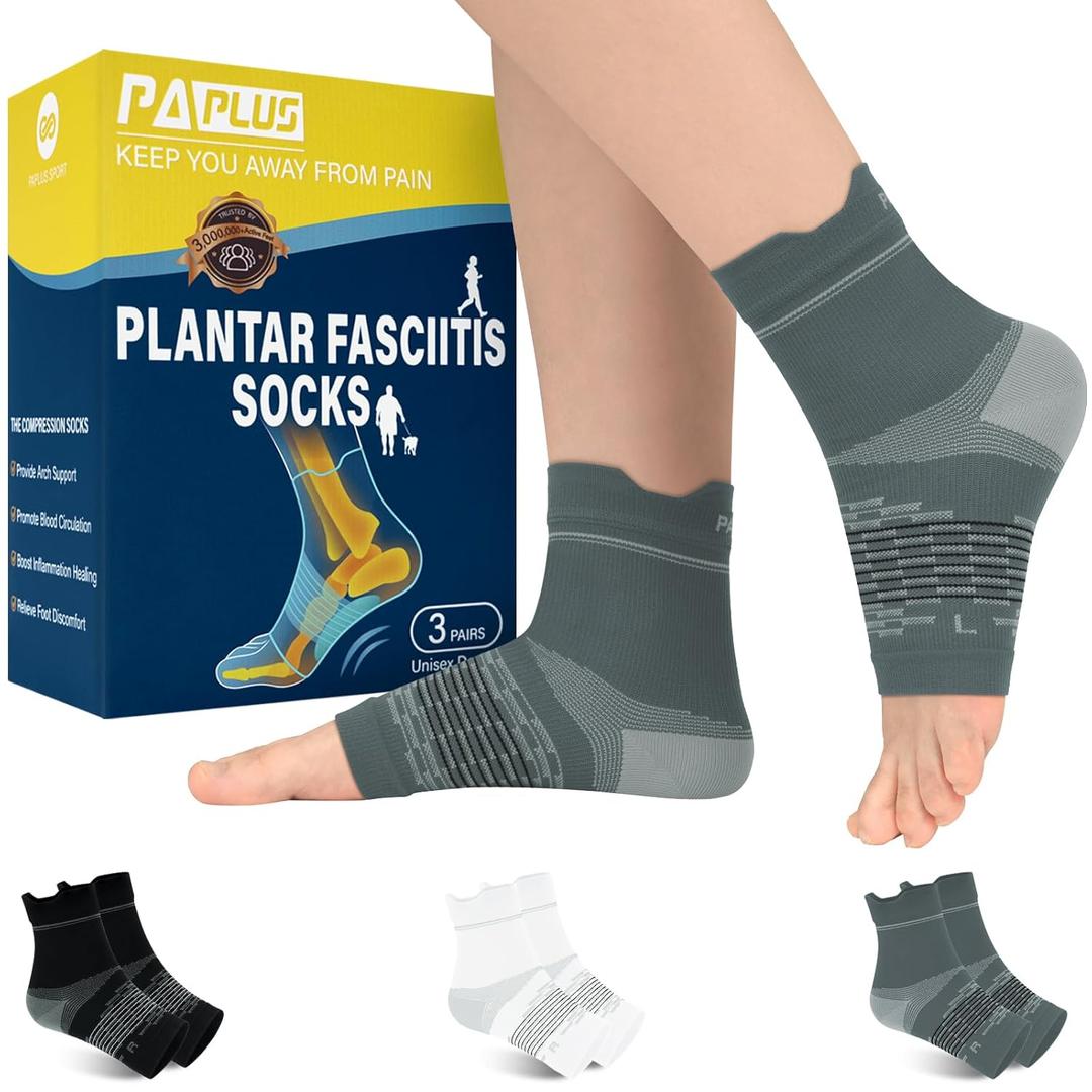 PAPLUS 3 Pairs Plantar Fasciitis Socks Women & Men - Ankle Compression Sleeve for Sprained Ankle, Heel Spur & Arch Support - Foot Brace for Achilles Tendonitis Relief, Arthritis Pain, XL
