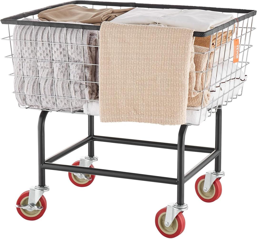 VEVOR Wire Laundry Cart, 2.8Bushel Wire Laundry Basket with Wheels, 26.7''x21.7''x26.4'' Commercial Basket Cart, Steel Frame with Chrome Finish, 4" Casters