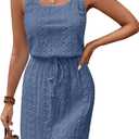 Acelitt Spring Summer Tank Dresses for Women 2026 Hollow Out Textured Drawstring Mini Dress (Blue, L)