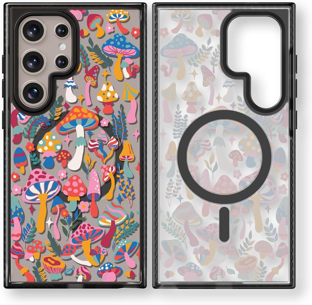 Magnetic for Samsung Galaxy S24 Ultra Magsafe Case Cute Aesthetic - Fashion Funny Mushroom Jungle Print Cover - Durable Shockproof Protective Phone Case 6.8" Black