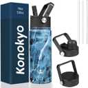 18 oz Insulated Water Bottle Stainless Steel Sport Bottles with 3 Lids,Marble Ocean