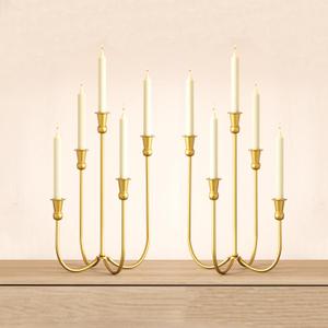 Baoz 2Pcs Iron Tabletop Candelabra, 5 Arms Gold Candelabra Decorative Metal Candle Holder for French Dinner, Table Centerpiece, Wedding, Party Candlesticks 0.85" Diameter