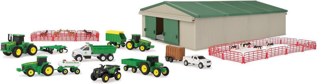 TOMY John Deere Die-Cast Farm Toy 70-Piece Value Playset with Machine Shed, Tractors, Trucks, Implements, and Farm Animals