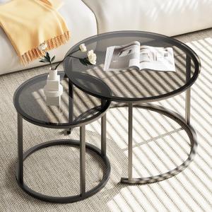 aboxoo Nesting Coffee Table Grey Glass Table Set of 2, Small Round Glass Nesting Tables for Living Room Bedroom, Accent Tea Table with Metal Frame Modern Industrial Simple