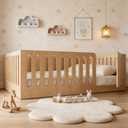 Full Floor Bed with Full-upgraded Guardrails, Solid Wood Kids Floor Bed with Safety Door, Low-profile Montessori Floor Bed Frame for Kids, Boys, Girls, No Box Spring Needed & Childlike Design, Nature (Pure Wood Natural)