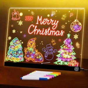 LED Note Board with Colors, 13.7"X10" Light Up Acrylic Dry Erase Board Led Drawing Board 7 Colors Message Board Night Light with 7 Markers for Birthday Party Christmas Gift