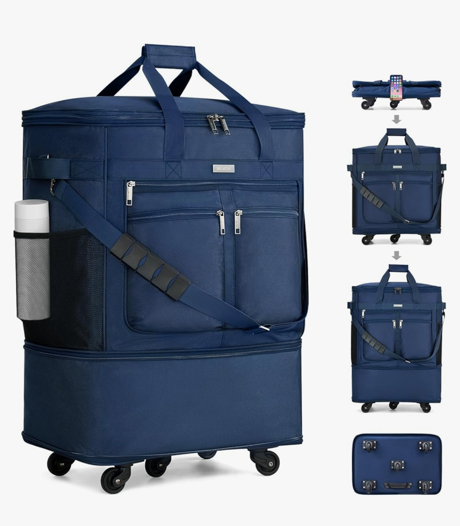 MILADA Travel Luggage Bag Suitcases with Wheels Expandable Foldable Travel Bag Collapsible Rolling Duffle Bag Large Suitcase for Men Women without Telescoping Handle,Blue