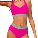 Girls Swimsuits Two Piece Bikini Set Criss Cross Halterneck Woven Contrast Trim Bathing Suits for 9-16Y (13-14 Years, Pink)