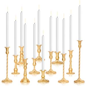 Gold Candlestick Holder Bulk Set of 12, Vintage Taper Candle Sticks Holder, Tall Mismatch Antique Brass Candle Holders for Table Centerpiece, Wedding, Birthday Party, Anniversary Decor