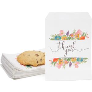 100 Pack Paper Cookie Bags, 7.5 x 5 Inch for Party Favors, Treats, Candy, Wedding, Individual Bag with Floral Thank You Design, Mini Gift Bags for Snacks, Goodies