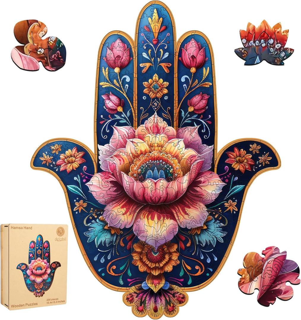 Delobil Hamsa Wooden Puzzles, 200 Pieces Hand Jigsaw Puzzles 13.3'' x10.4'', Unique Design Wooden Puzzles for Adults and Kids, Family Game Gift Medium Size