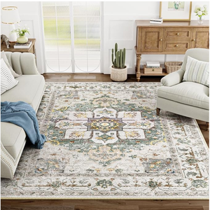 Eleisa 8x10 Area Rug Washable Rugs for Living Room, No Pile Boho Carpet for Entryway Bedroom Dinning Room, Vintage Carpet Print Distressed Non-Slip, 8 x 10 ft, Grey Brown