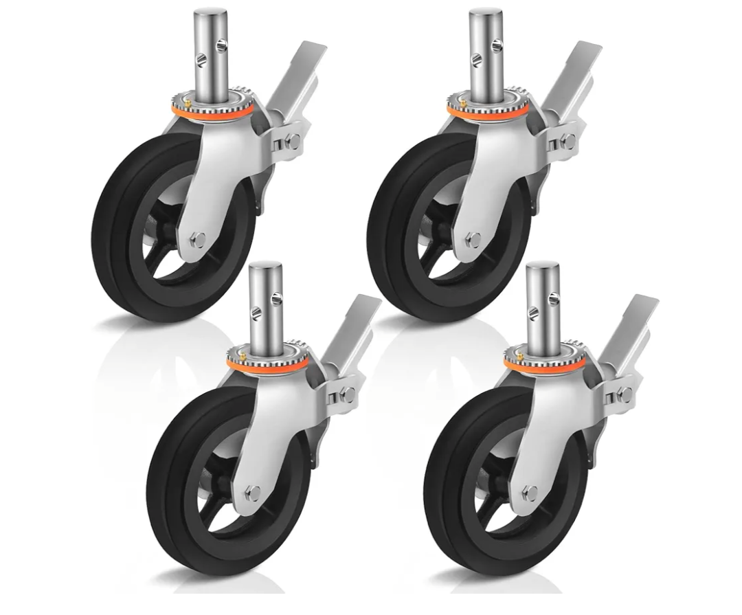 8 inches Scaffolding Wheels 1-3/8" Solid Round Stem Caster with Dual Locking Brakes 1100LBS Capacity Per Wheel Commercial Scaffolding Accessories