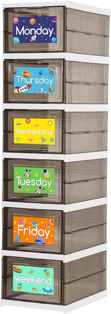 Shelf Daily Weekly Clothes Organizer for Kids Foldable Weekly Hanging Closet Organizer with Door Plastic Closet Storage for Boys and Girls Monday Through Friday Essential StuffGrey & White