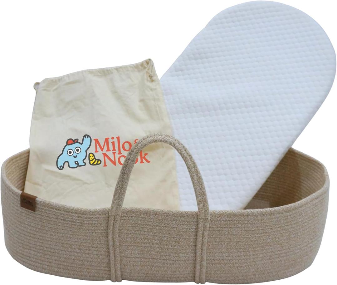 Milo & Nook Baby Changing Basket with Pad  Soft Cotton Moses Basket, Waterproof Liner & Soft Cover, Portable Changing Basket for Newborn Nursery, Machine-Washable Cover