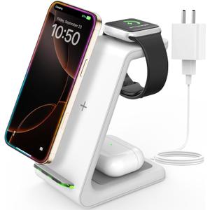 Wireless Charger for iPhone Charging Station: 3 in 1 Phone Charger Stand for iPhone 17/16/15/14/13/12/11/SE/X Pro Max Plus - Apple Watch 11/10/9/Ultra 2/8/SE/7/6/5 - AirPods 4/Pro 2/3 (White)