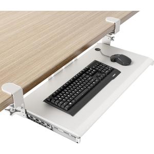 Keyboard Tray Under Desk Pull Out with Extra Sturdy C Clamp Mount System, 27.3 (32.5 inch Including Clamps) x 11 Inch Slide-Out Platform Computer Drawer for Typing White