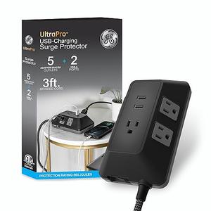 GE UltraPro Adapt 5-Outlet Surge Protector with USB Ports, 2 USB-A Ports, 2.4A, 3ft Braided Cord Power Strip Surge Protector, 560 Joules, Black, 73777