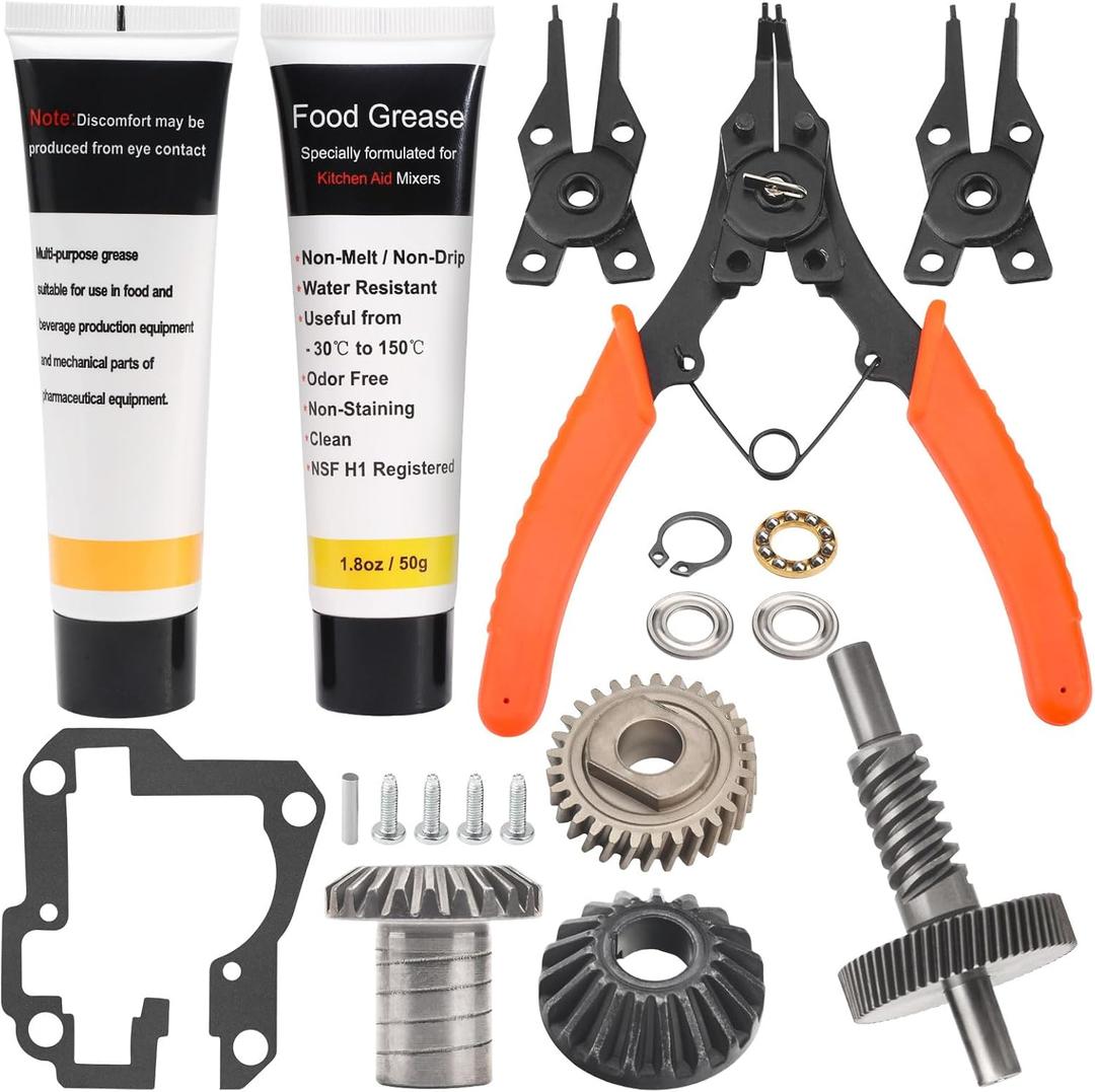 Worm Gear Kit 9706529, 9709511, 9703337, 9709231 Compatible With Whirlpool/KitchenAid 5QT & 6QT Stand Mixer with Worm Gear, Food Grade Grease, Retaining Ring Pliers, Mixer Bevel Gear Kit etc